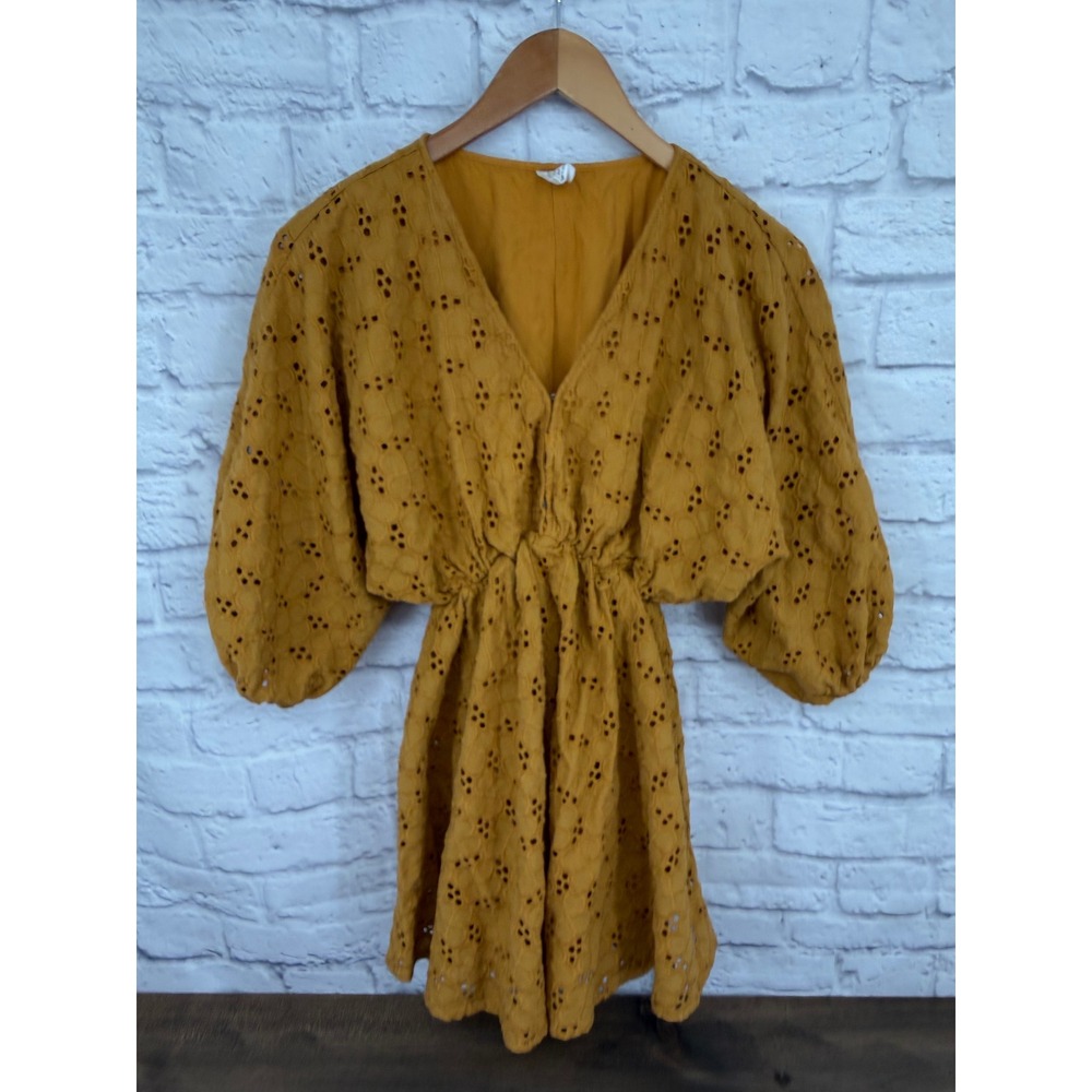 ByTogether Eyelet Mini Dress M Mustard Boho Cottagecore Prairie Puff Sleeve - Picture 4 of 12